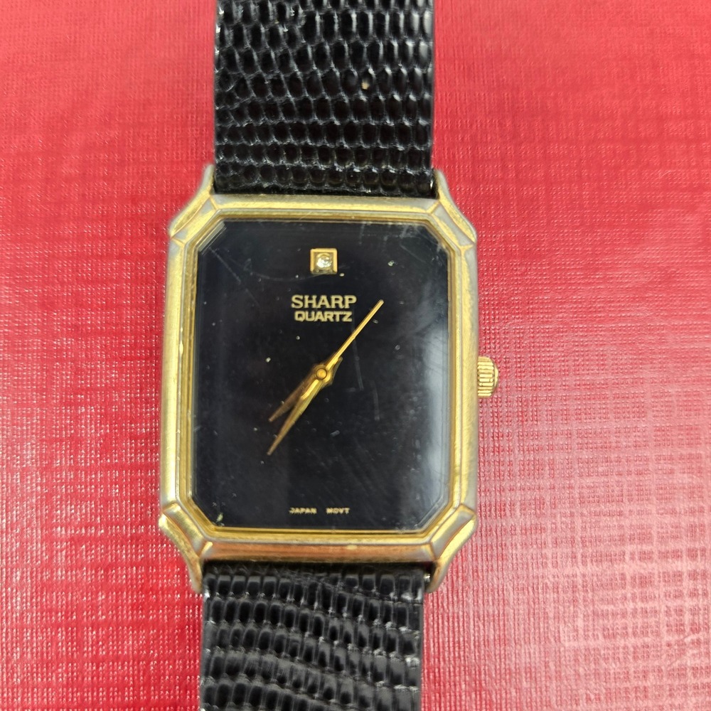 Vintage Sharp Quartz Women Watch Rectangular Gold Tone Black Dial Speidel Strap